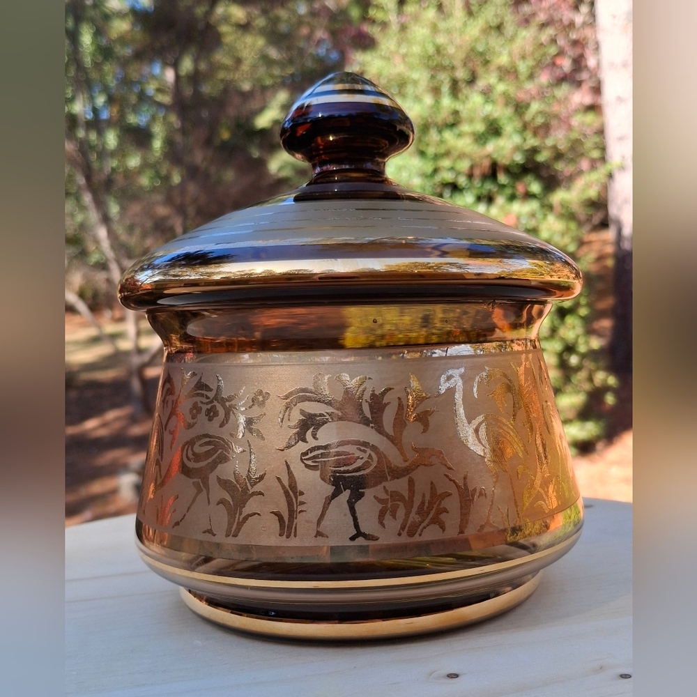 Vintage MCM Czech Bohemian Dark Amber Glass & Gold Cranes Covered Candy Dish - Picture 4 of 14